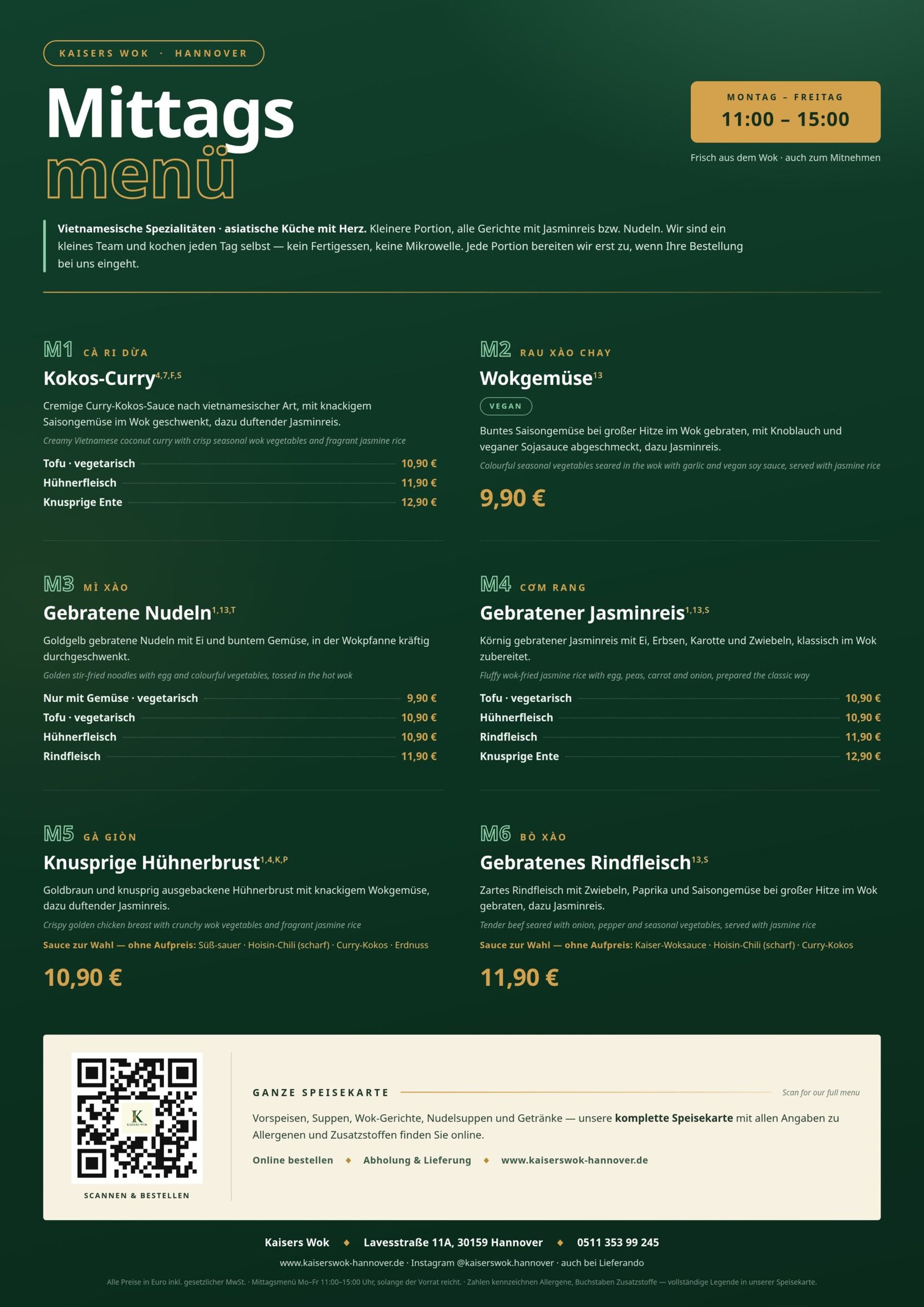 Mittagsmenü von Kaisers Wok in Lavesstr. 11A, Hannover: sechs vietnamesische Wok-Gerichte mit Jasminreis, Mo–Fr: 11–15 Uhr ab 9,90 €.